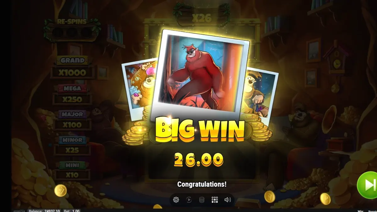 Tampilan visual slot Stompin’ Gold GO Collect dengan karakter yeti Biggie dan Boogie di latar hutan.